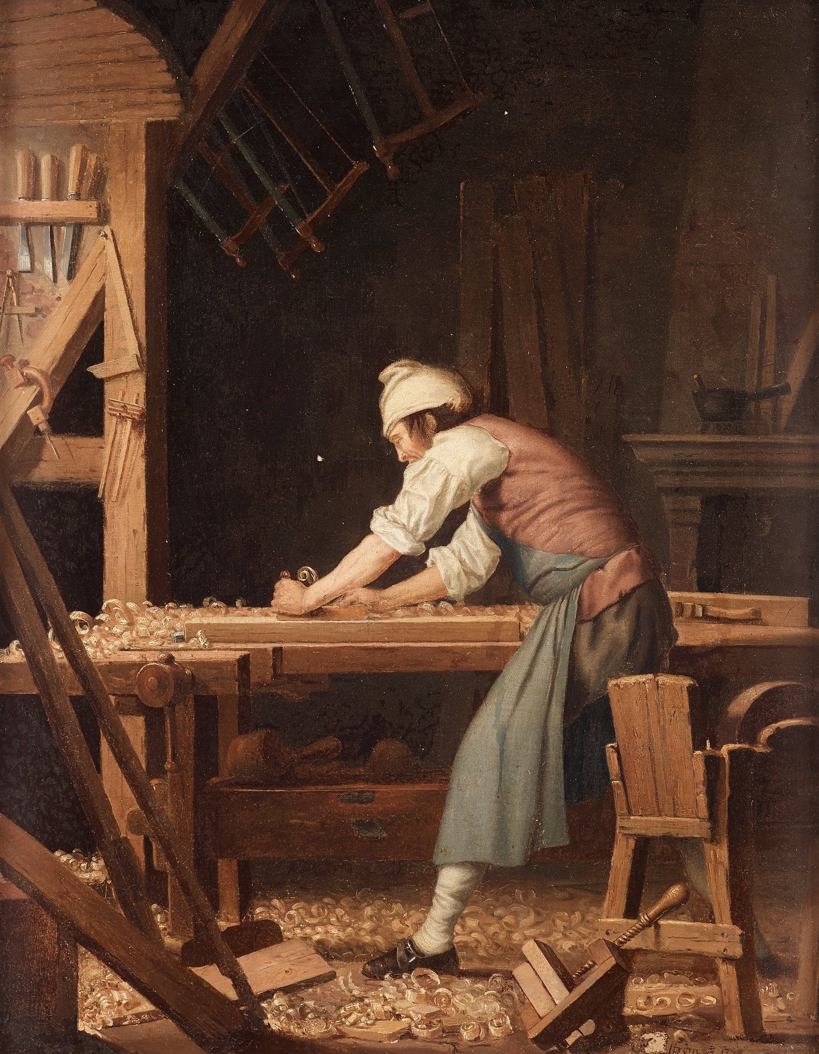 Historical image of a woodworker planing a board
